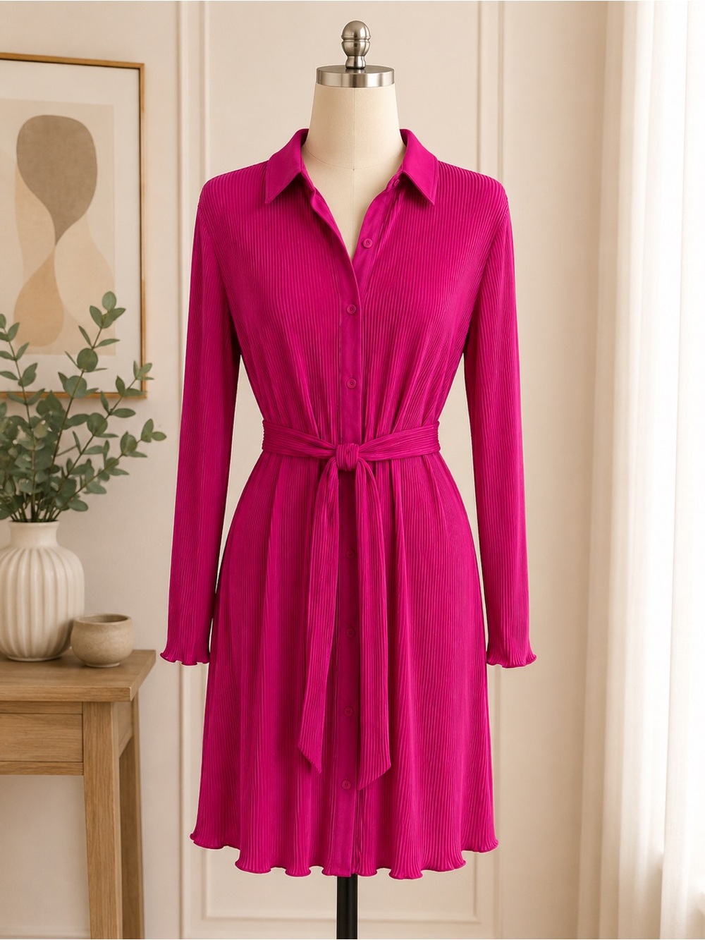 Bright Fuchsia Pleated Button-Down Shirt Dress with Tie Waist